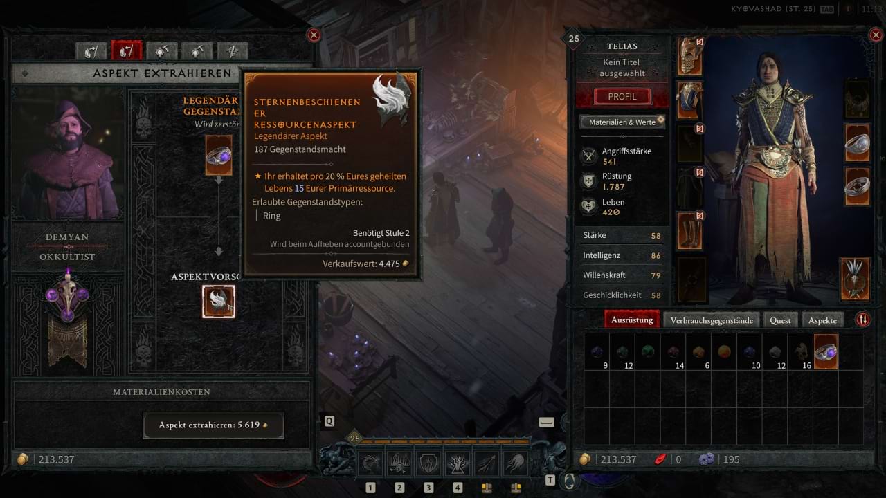 Legendäre Aspekte beim Okkultist in Diablo 4 extrahieren