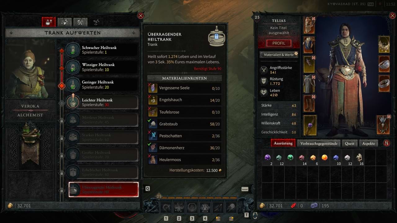 Heiltrank in Diablo 4 beim Alchemisten aufwerten