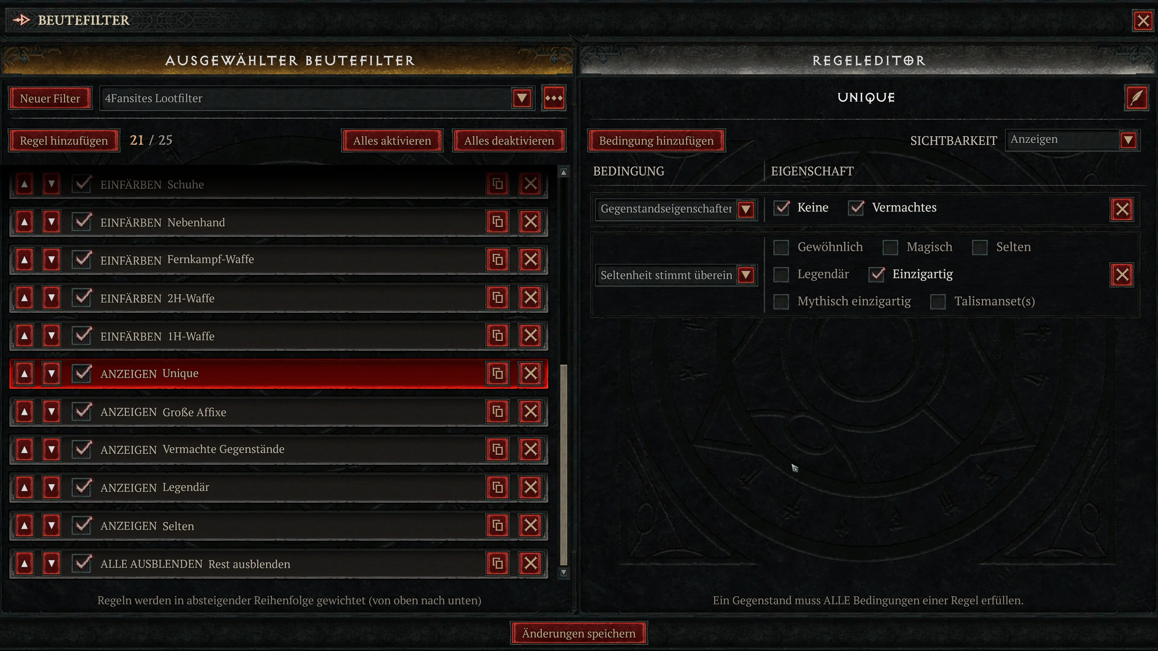 Regel aus dem 4Fansites Lootfilter für Diablo 4