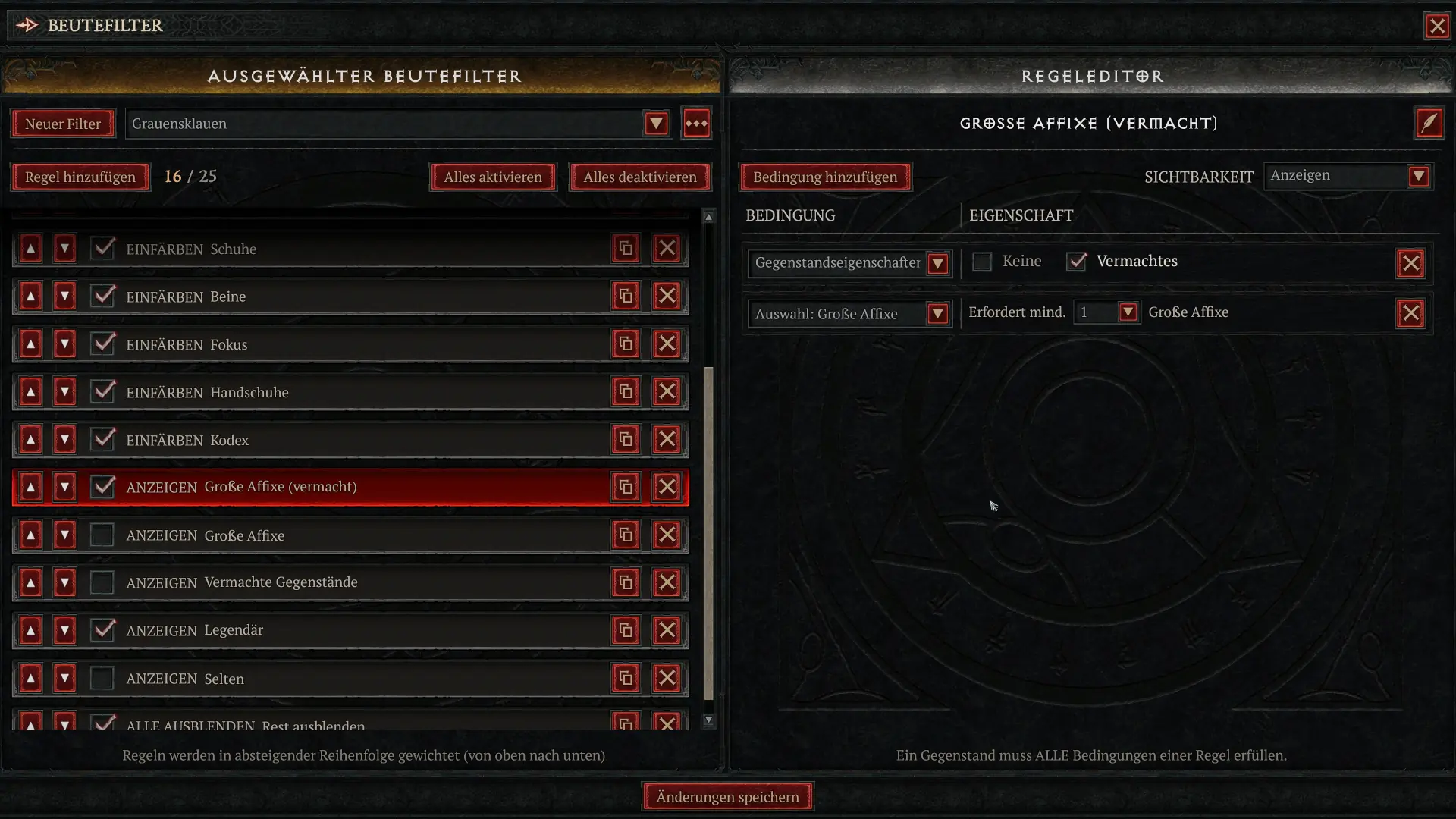 Regeln und Einstellungsoptionen beim Lootfilter in Diablo 4