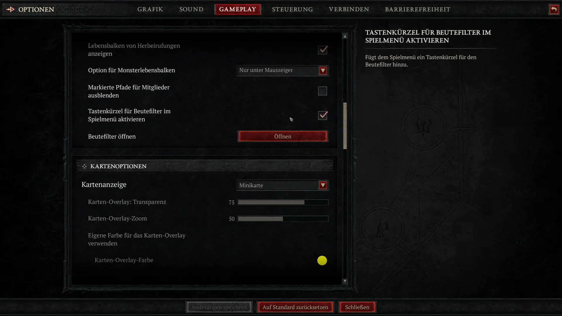 Tastenkürzel im Spielmenü von Diablo 4 für den Lootfilter