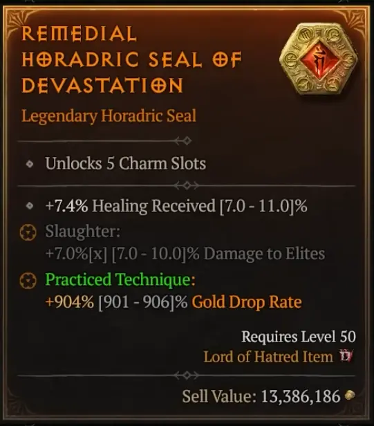 Legendäres horadrisches Siegel mit 900% Beuterate für Gold
