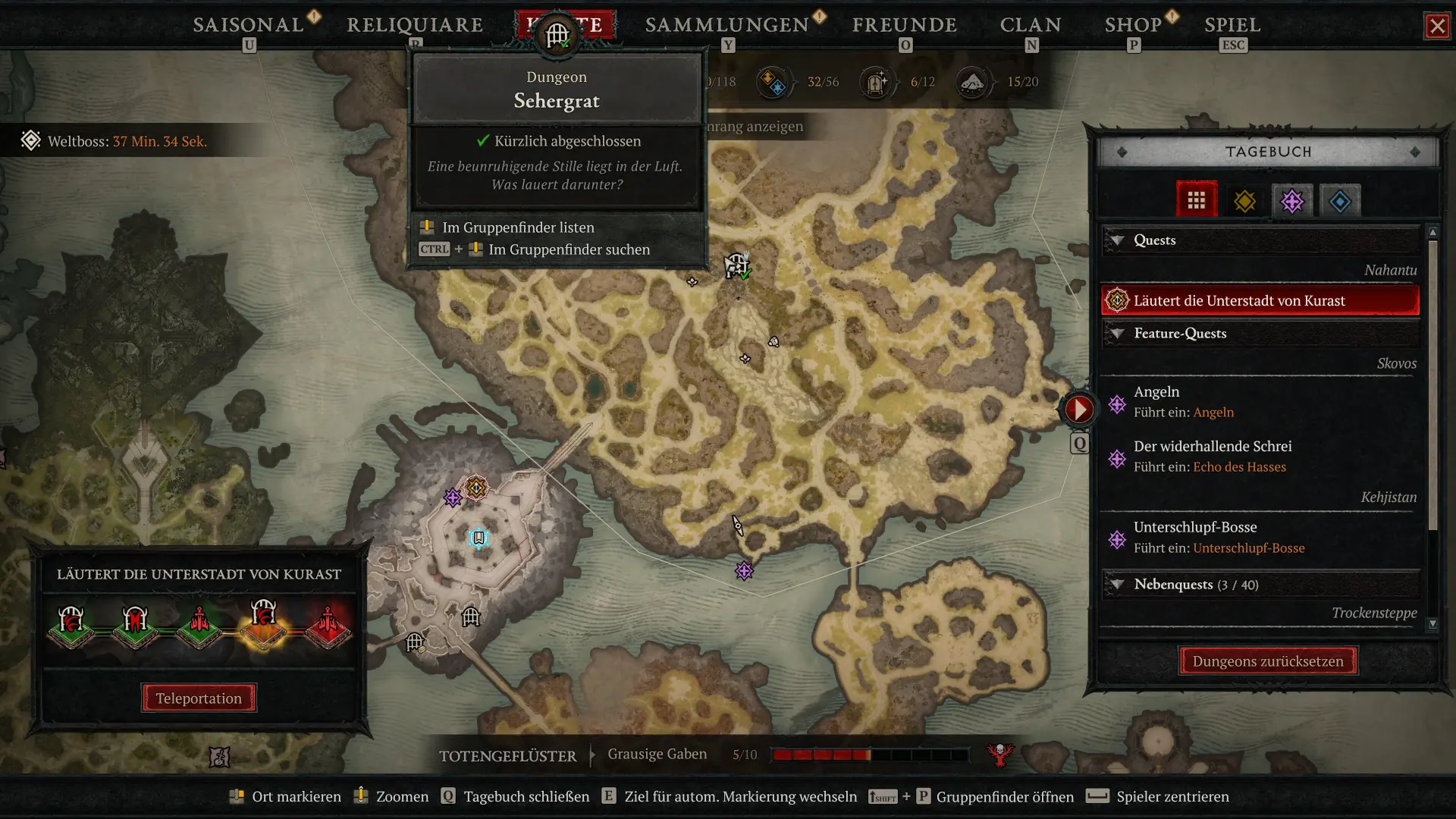 Diablo 4 Karte mit eingezeichnetem Dungeon Sehergrat
