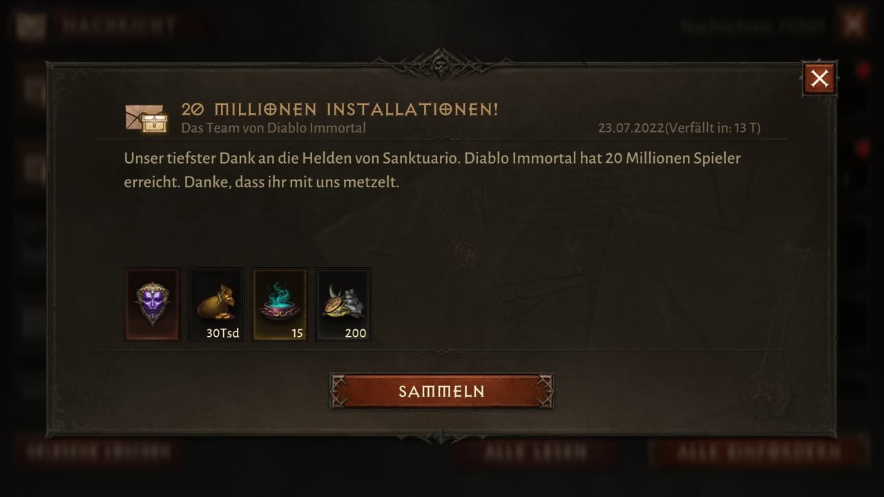 Diablo Immortal: Ingame Belohnungen für 20 Millionen Downloads