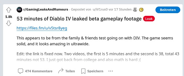 Diablo 4 Leak auf Reddit